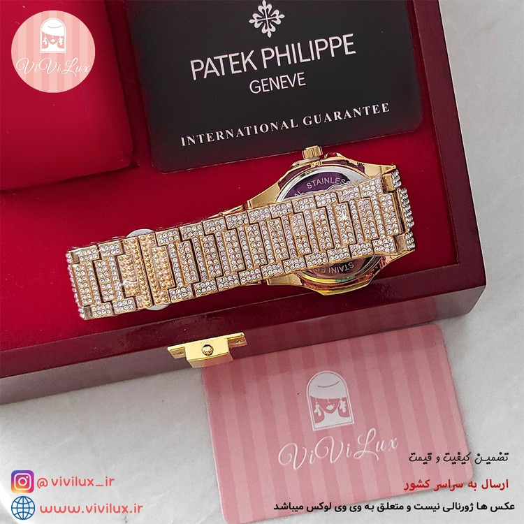 ساعت فول نگین پتک فیلیپ درجه یک رنگ ثابت و نگین تا انتهای قفل با هارد باکس ساعتی(مردانه و زنانه)