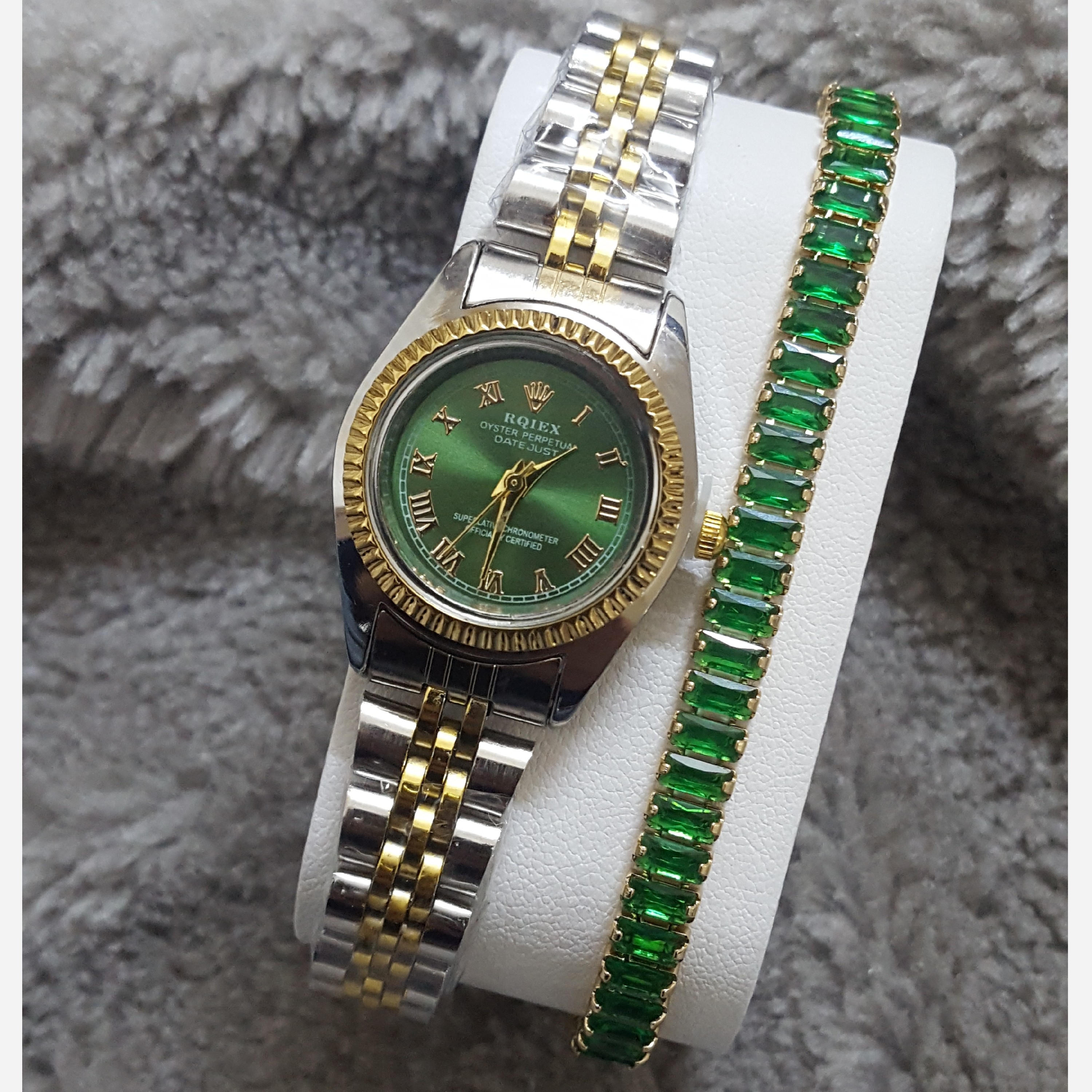 ست ساعت و دستبند زنانه لوکس ساعت مچی رولکس صفحه سبز به همراه دستبند تنیسی