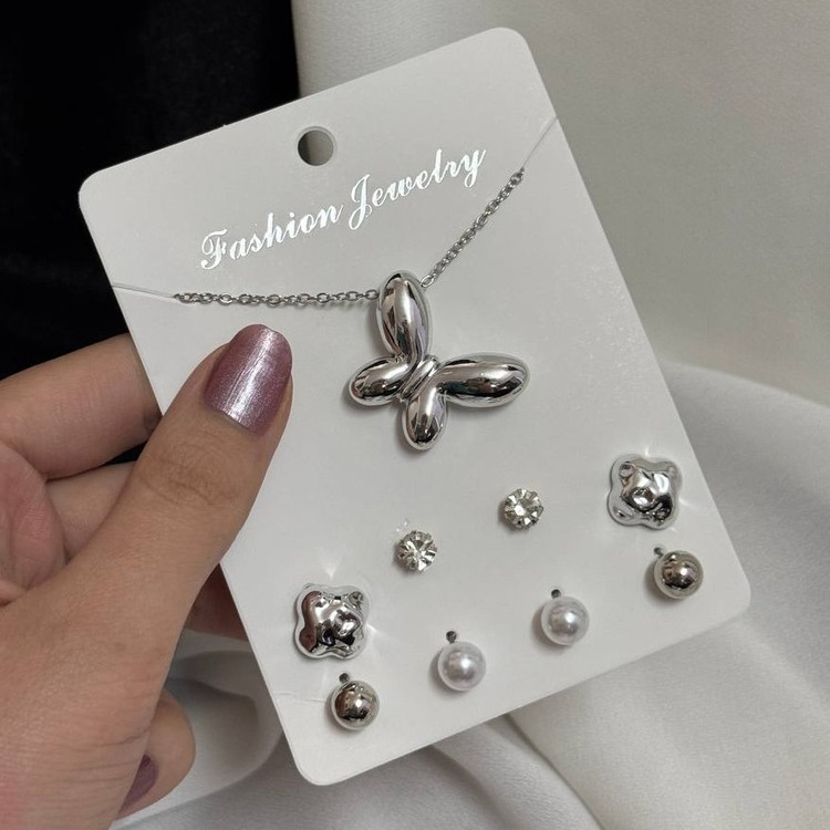 گردنبند و گوشواره پک نقره ای پروانه
