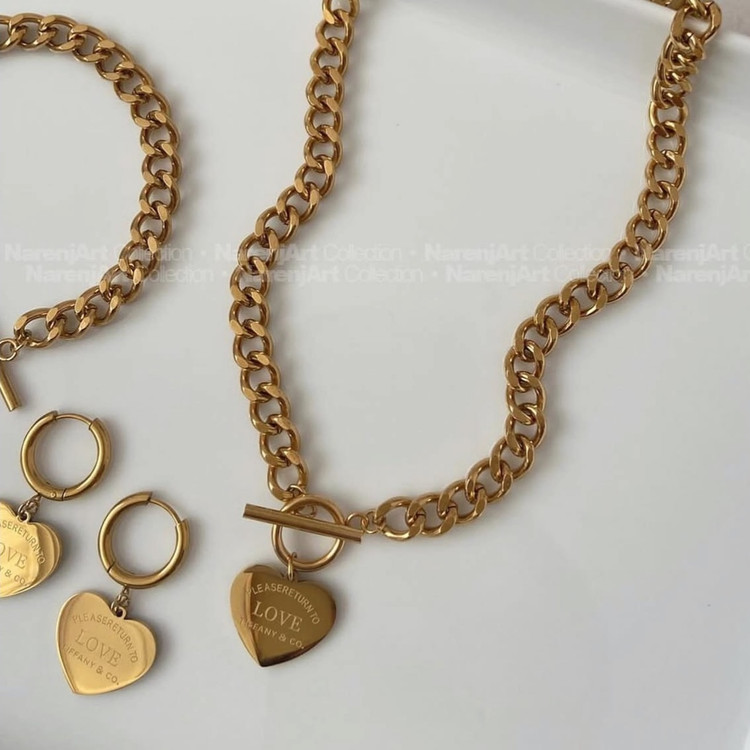 ست گردنبند دستبند گوشواره کارتیر و قلب تیفانی لاو استیل رنگ ثابت (لاوین گالری)