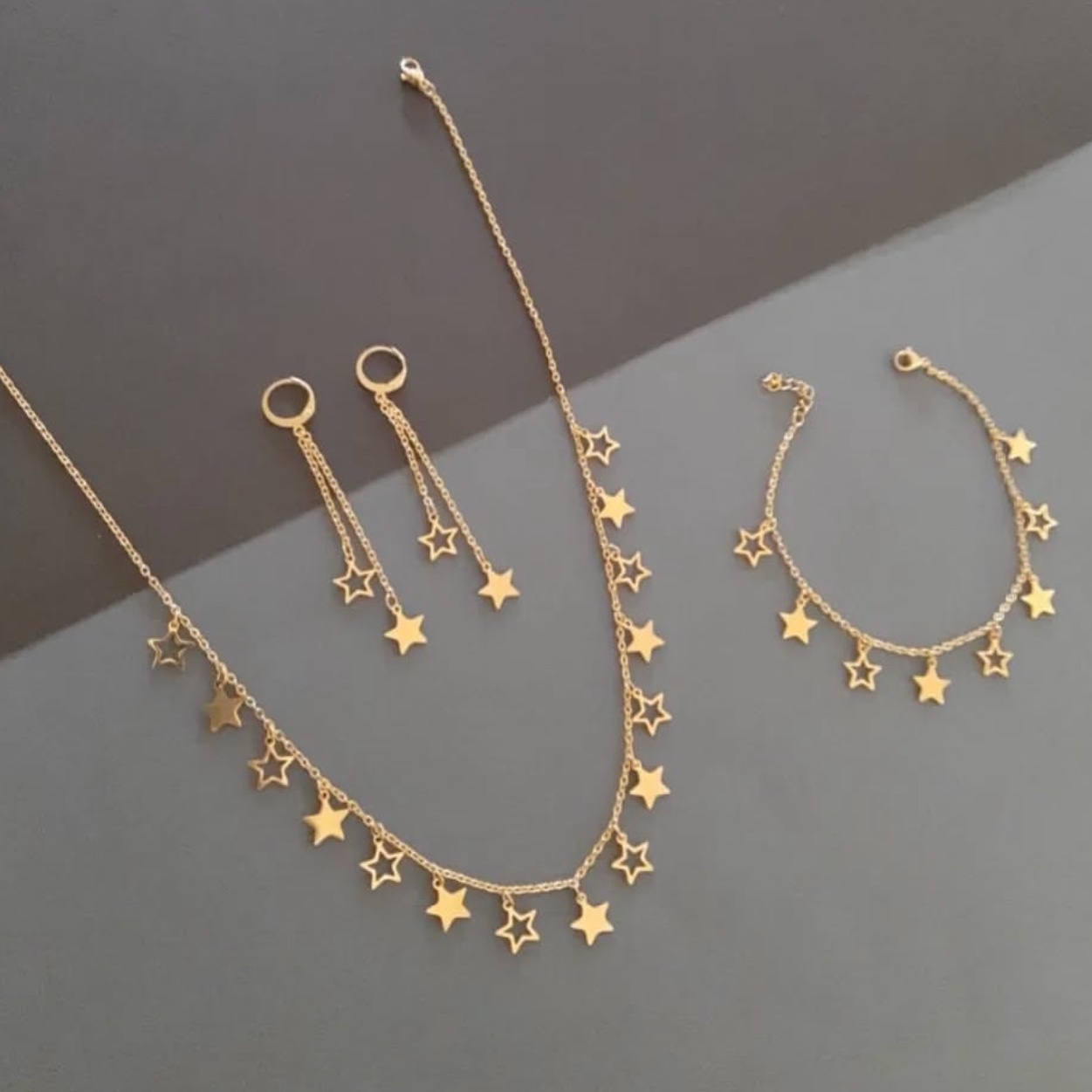 سرویس گردنبند دستبند گوشواره ستاره استیل رنگ ثابت طلایی (لاوین گالری)