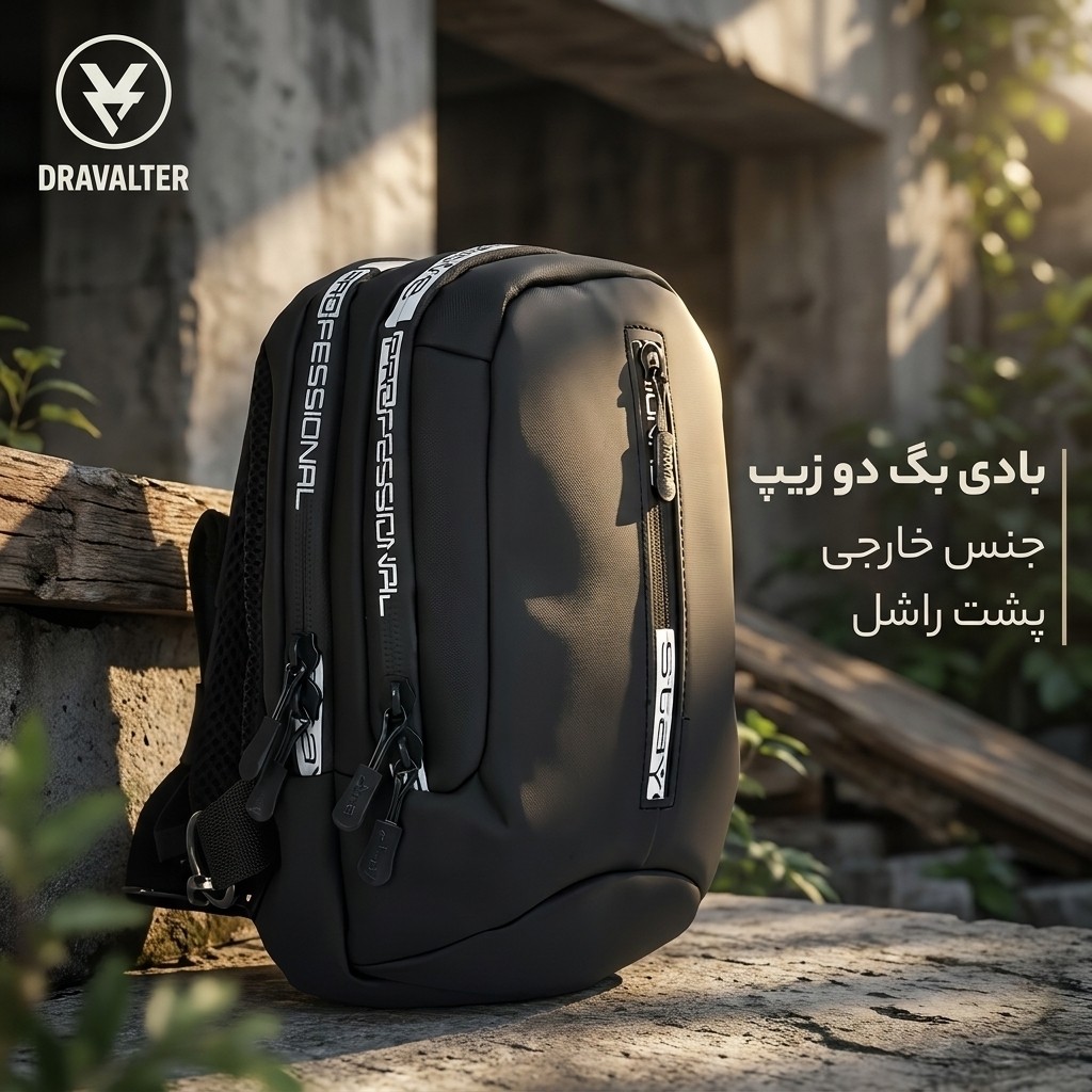 کیف بادی بگ (ضد آب) مدل Dravalter اسپرت مردانه و زنانه مشکی دو زیپ جنس خارجی پشتی رشل