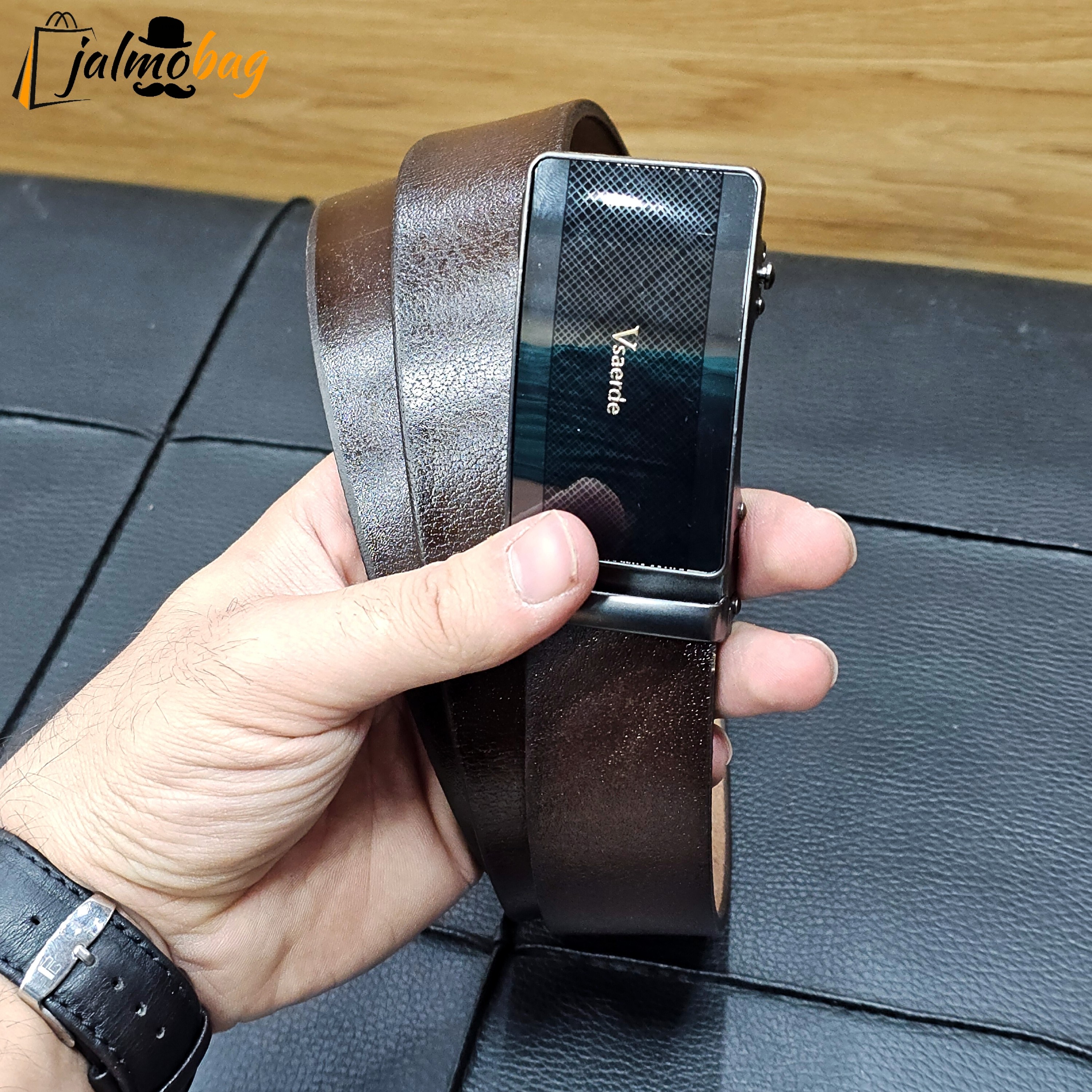 کمربند ریلی چرم طبیعی 3.5 سانت کد 7018