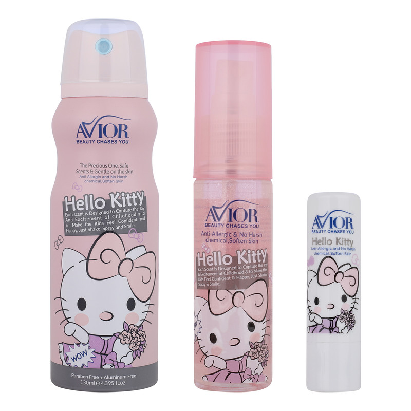 اسپری بدن کودک اویور مدل hello kitty حجم 130 میلی‌لیتر با رایحه گرم مناسب زمستان به همراه بادی اسپلش اویور مدل hello kitty حجم 60 میلی‌لیتر و بالم لب اویور مدل hello kitty  با وزن 2.8 گرم