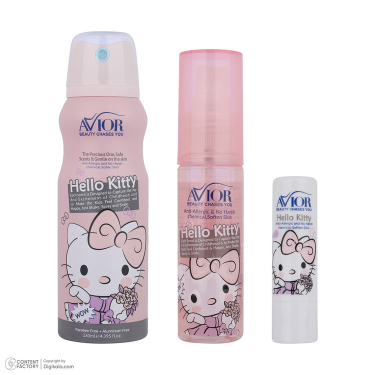 اسپری بدن کودک اویور مدل hello kitty حجم 130 میلیلیتر با رایحه گرم مناسب زمستان به همراه بادی اسپلش اویور مدل hello kitty حجم 60 میلیلیتر و بالم لب اویور مدل hello kitty با وزن 2.8 گرم