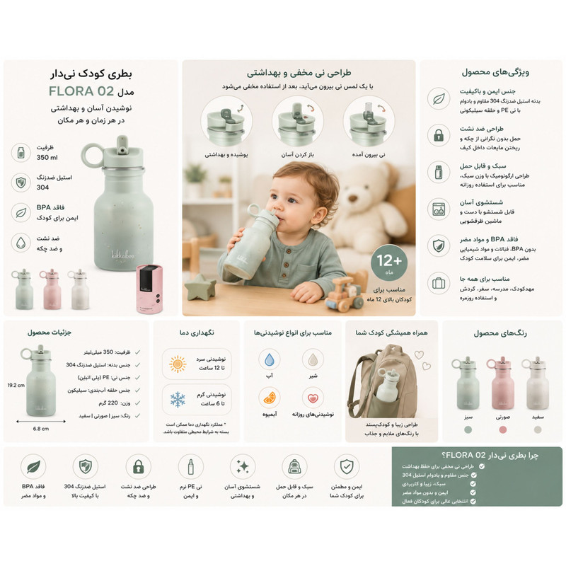 قمقمه کودک کیکابو مدل Flora02 گنجایش 350 میلی متر