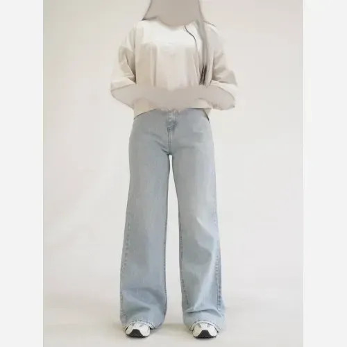 شلوار جین زنانه مدل فلر بگ ریگلاژ دار قد 108 سانت