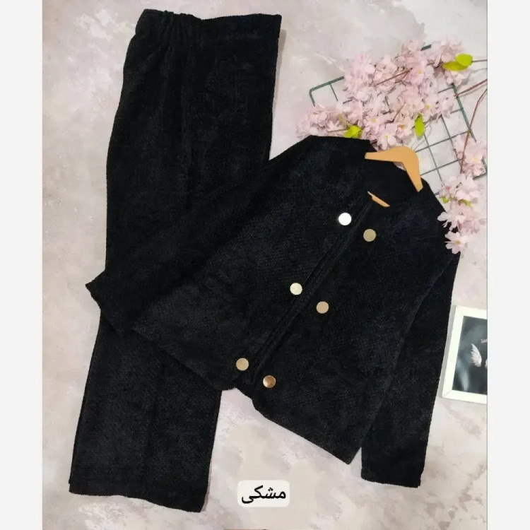 ست کت و شلوار زنانه مخمل بسکوییتی رنگ مشکی و طوسی سایزبندی