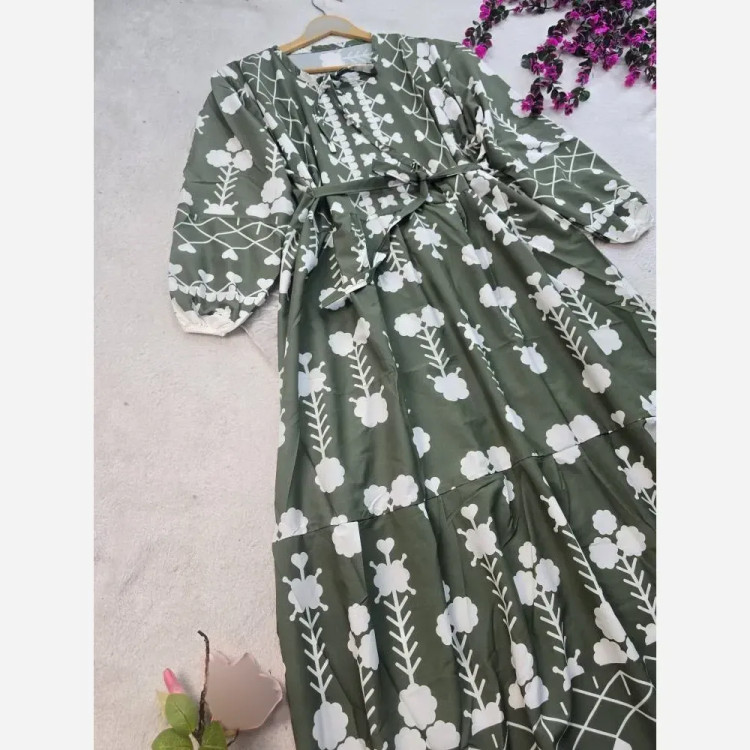 خرید ساحلی زنانه آستین بلند جنس کرپ فلور رنگ سبز و شکلاتی سایز فری 36 تا 46