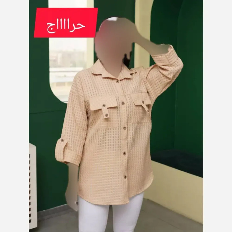 شومیز مانتویی ژاکارد حصیری جیب صلیبی رنگ بژ فری سایز