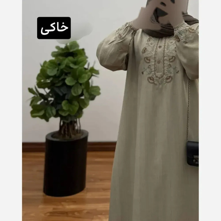 مانتو پیراهنی سایز بزرگ اویسا شانتون ژاکارد گلدوزی شده فری سایز 38 تا 52 قد 140