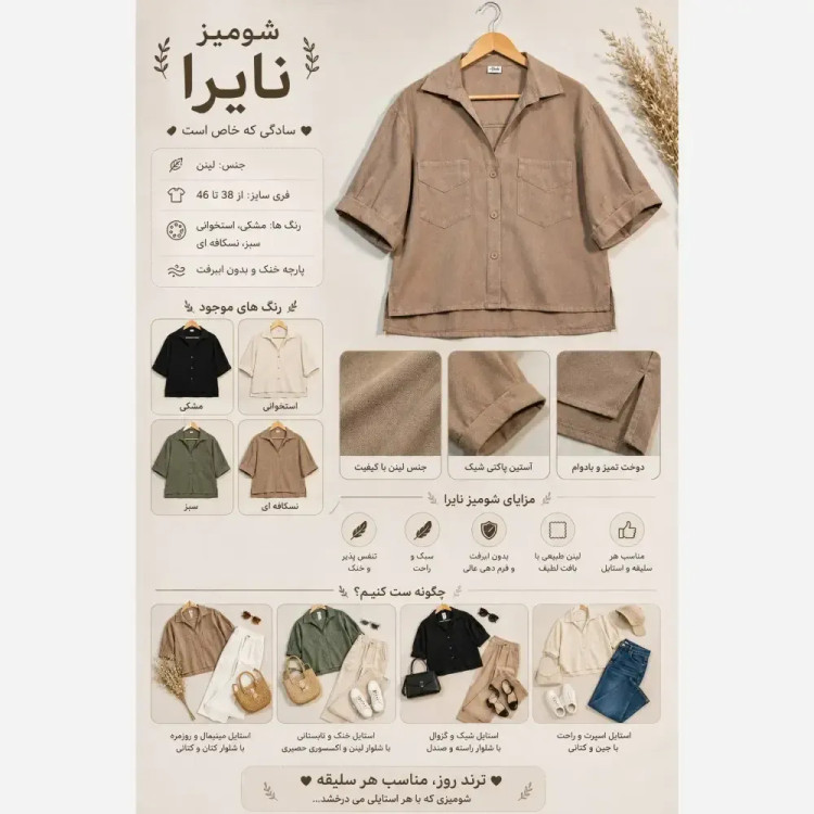شومیز دو جیب نایرا جنس لینن فری سایز