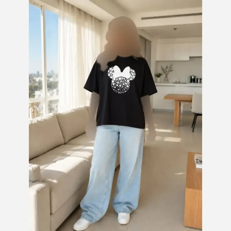 تیشرت باکسی نخ پنبه گلوبال طرح میکی پاپیونی فری سایز