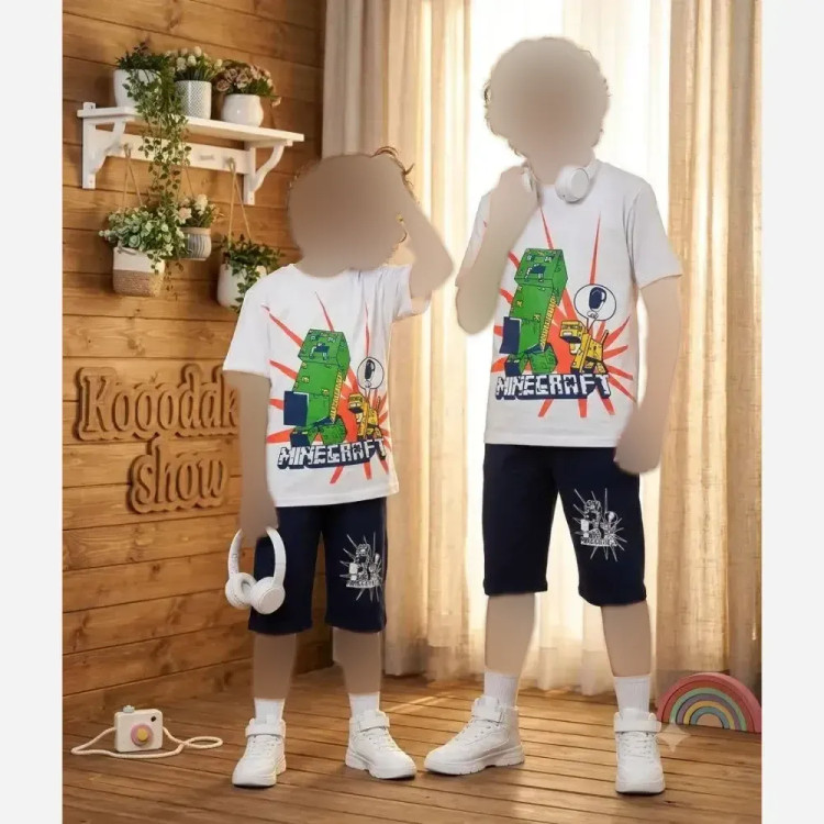 ست تیشرت و شلوارک پسرانه طرح ماینکرفت سایز 60 و 65 پنبه نخ