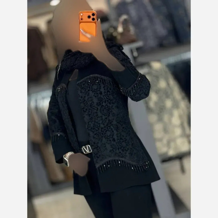 کت شلوار مجلسی فاخر کرپ مرویجت اعلا با خرجکار گیپور مشکی سایز بزرگ