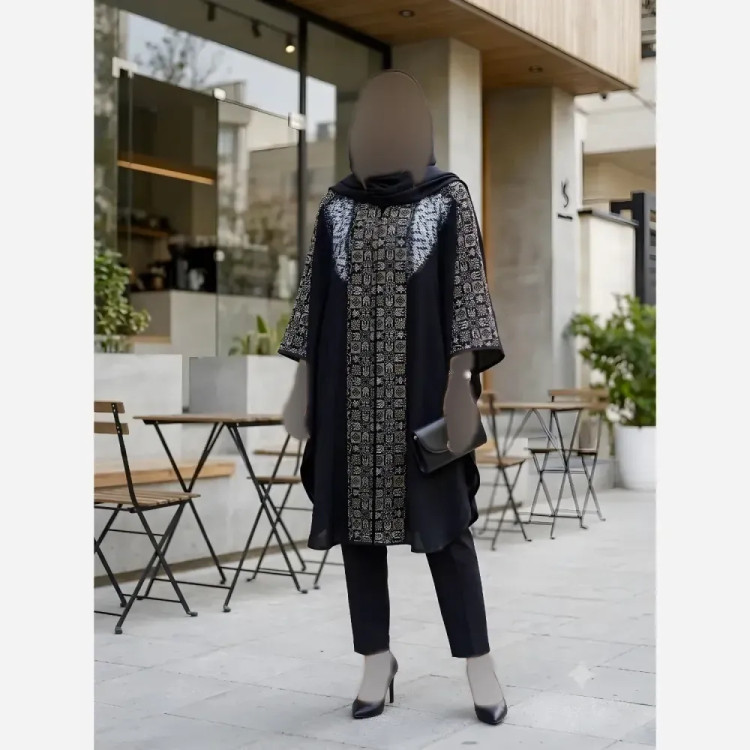 پانچ مجلسی مشکی شانتون با خرج کار ژاکارد گیپور و لنین سنتی فری سایز