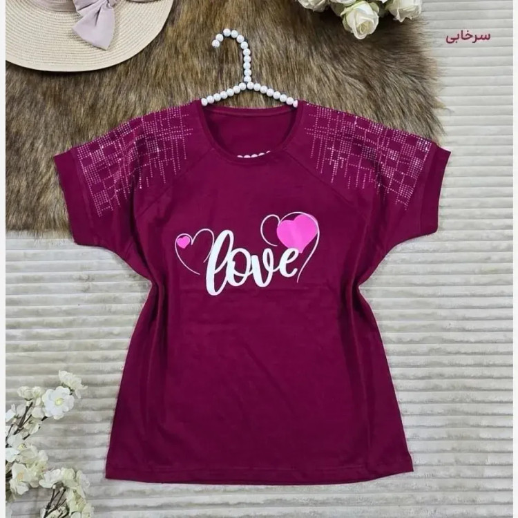 تیشرت باکسی نگینی طرح LOVE جنس نخ پنبه فری سایز