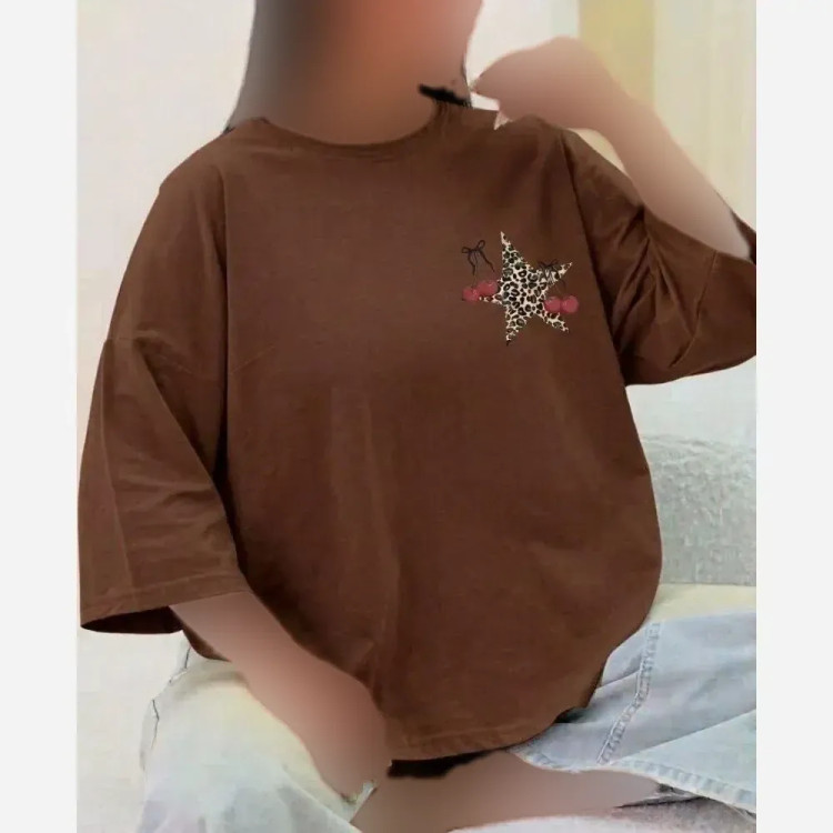 تیشرت باکسی طرح ستاره و گیلاس مدل دایانا جنس پنبه سوپر فریسایز