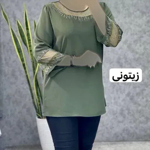 بلوز مجلسی زنانه سایز بزرگ قواره دار کرپ الیزه نگین دار