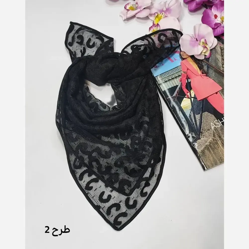 مینی اسکارف توری طرحدار مشکی ابعاد 70 در 70 جنس تور