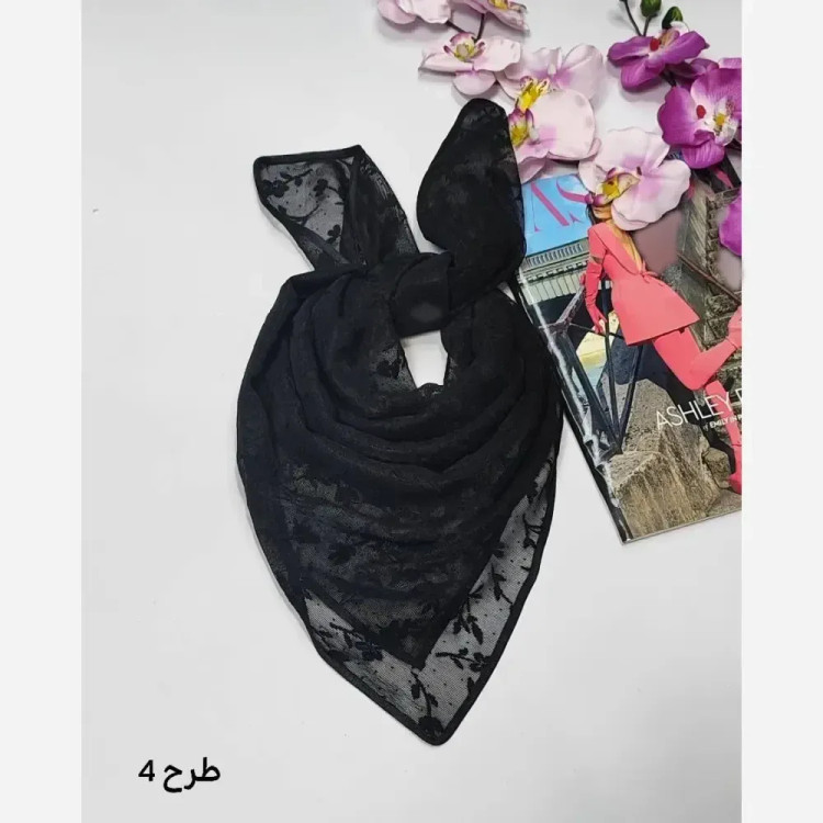 مینی اسکارف توری طرحدار مشکی ابعاد 70 در 70 جنس تور
