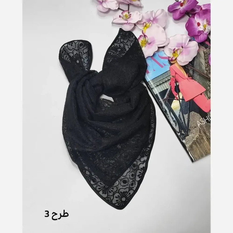 مینی اسکارف توری طرحدار مشکی ابعاد 70 در 70 جنس تور