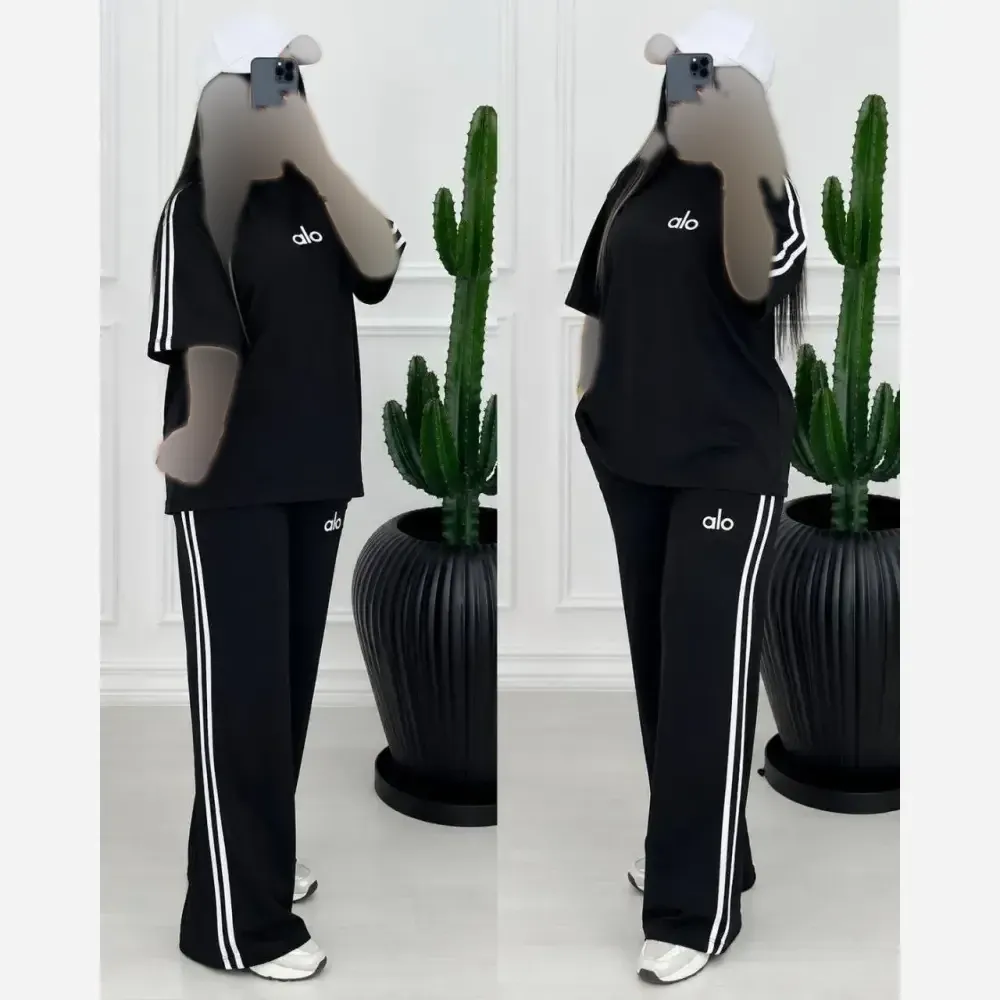 ست تیشرت شلوار زنانه جنس سوپر اسپان فول کش رنگ مشکی سایز فری سایز 36 تا 48