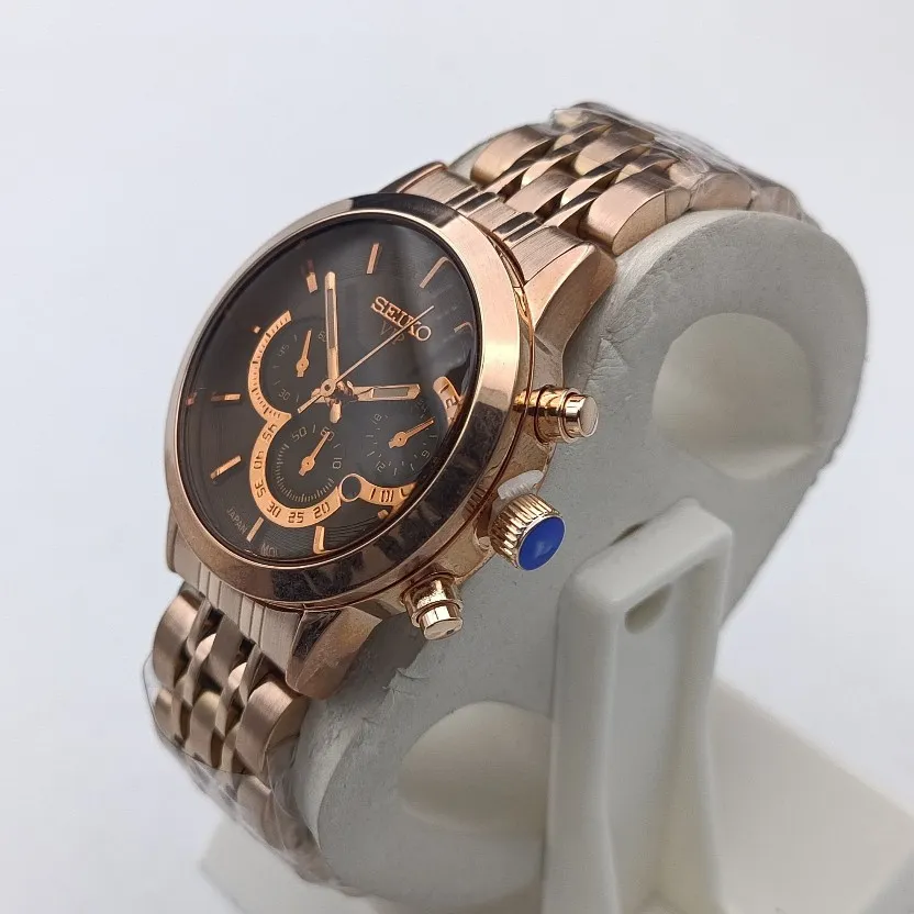 ساعت مچی زنانه سیکو طرح سه موتور صفحه مشکی رزگلد با تقویم و موتور ژاپن (2)