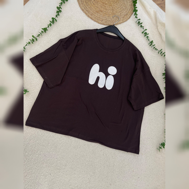 تیشرت زنانه باکسی چاپ کلمه Hi