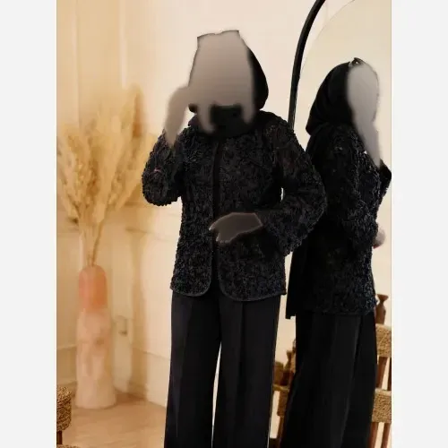 کت زنانه حریر گل برجسته ترک کریستال دوزی شده مجلسی سایز 38 تا 50