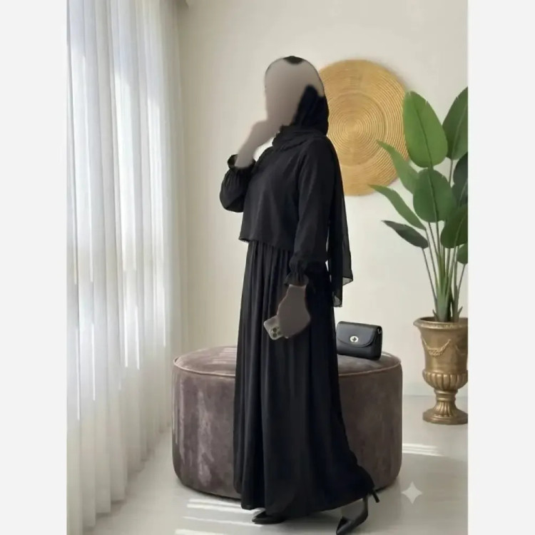 عبا دوتیکه زنانه مدل مهلا جنس الیزه مروارید دوزی شده رنگ مشکی فری سایز