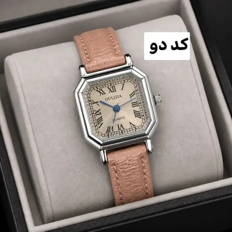 ساعت مچی زنانه و دخترانه بند چرمی صفحه مستطیل با اعداد یونانی و موتور کوارتز به همراه جعبه کادویی
