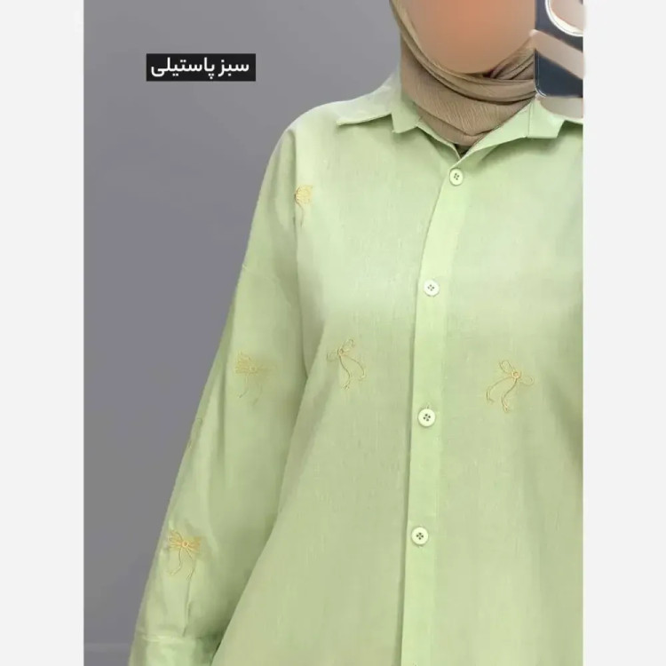 مانتو لینن گلدوزی طرح پروانه مدل نیمه کیمونو فری سایز