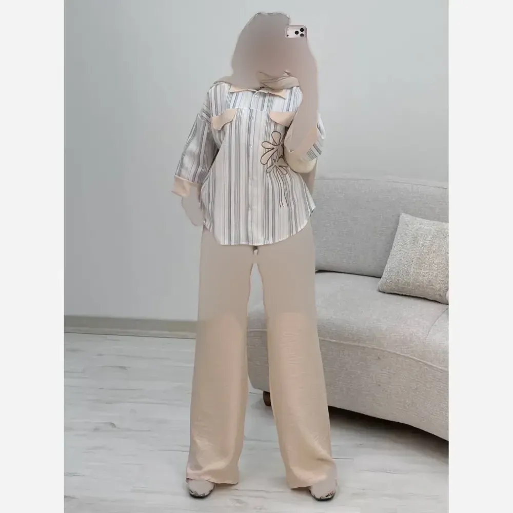 ست شومیز و شلوار زنانه مدل نوگل جنس لنین و شانتون فری سایز 38 تا 46