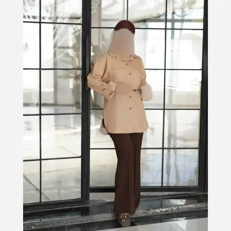 شومیز لینن شانتون ترک آستین کیمونو دکمه چوبی فری سایز