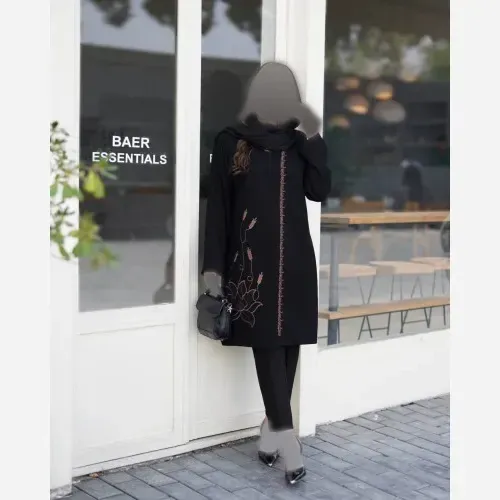 مانتو زنانه شانتون گلدوزی شده سایز بزرگ مدل گل مخمل قد 94