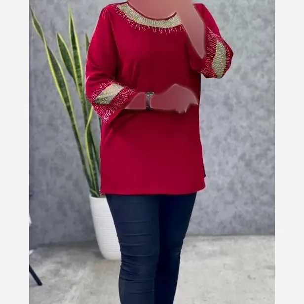 شومیز زنانه قواره دار مدل شیما سایز بزرگ تا 60 با تزئین نگین DMC