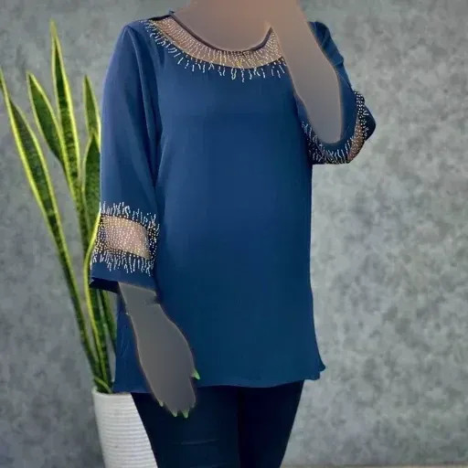 شومیز زنانه قواره دار مدل شیما سایز بزرگ تا 60 با تزئین نگین DMC