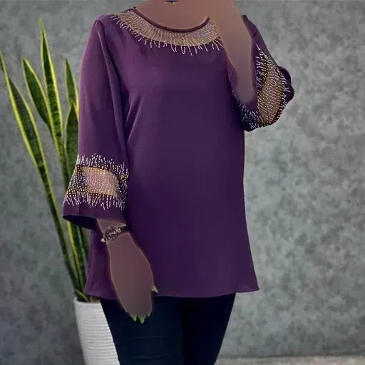 شومیز زنانه قواره دار مدل شیما سایز بزرگ تا 60 با تزئین نگین DMC