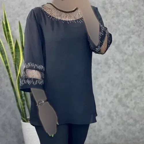 شومیز زنانه قواره دار مدل شیما سایز بزرگ تا 60 با تزئین نگین DMC