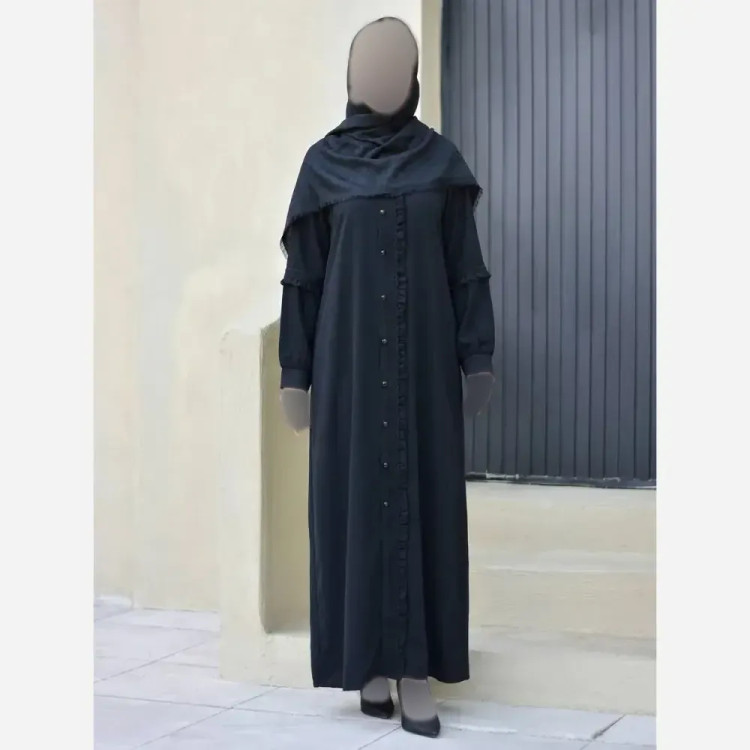 مانتو عبایی جیب دار مدل آفاق جنس کرپ ندا اماراتی با خرج کار گیپور