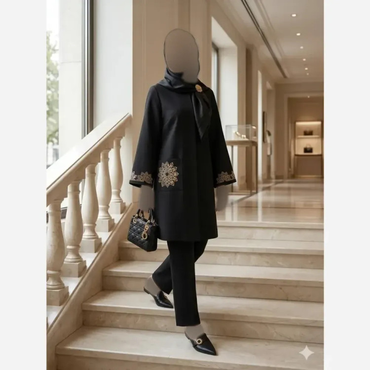 مانتو گلدوزی شده زنانه مدل خورشید پارچه شانتون اسلپ سایز 38 تا 56