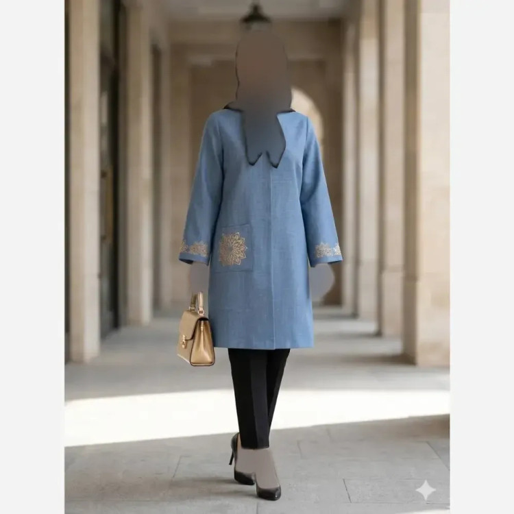 مانتو گلدوزی شده زنانه مدل خورشید پارچه شانتون اسلپ سایز 38 تا 56