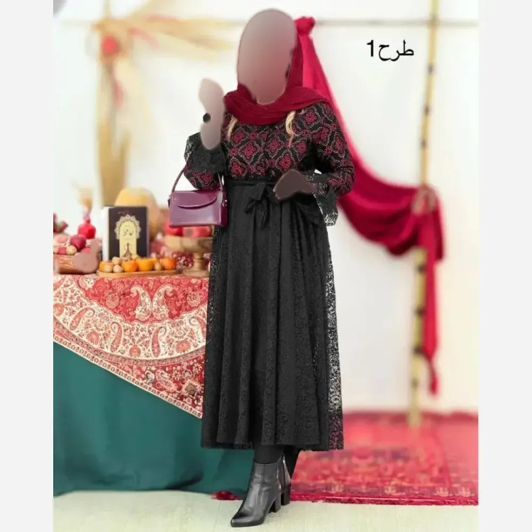 پیراهن مجلسی زنانه مدل فاخر بالاتنه تافته و دامن دانتل فری سایز 38 تا 46