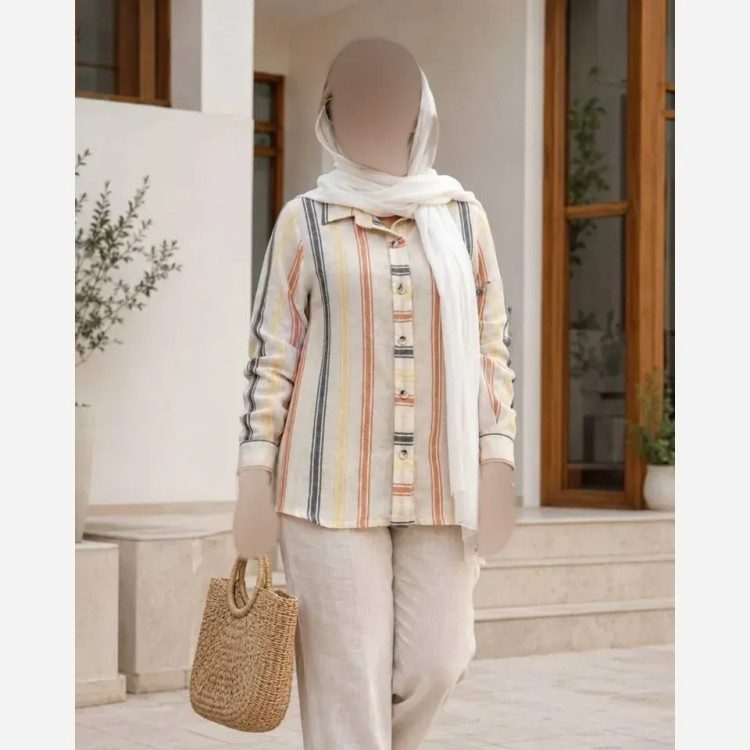 شومیز زنانه یقه مردانه مدل ژینا جنس لینن ترک درجه یک سایز 36 تا 48