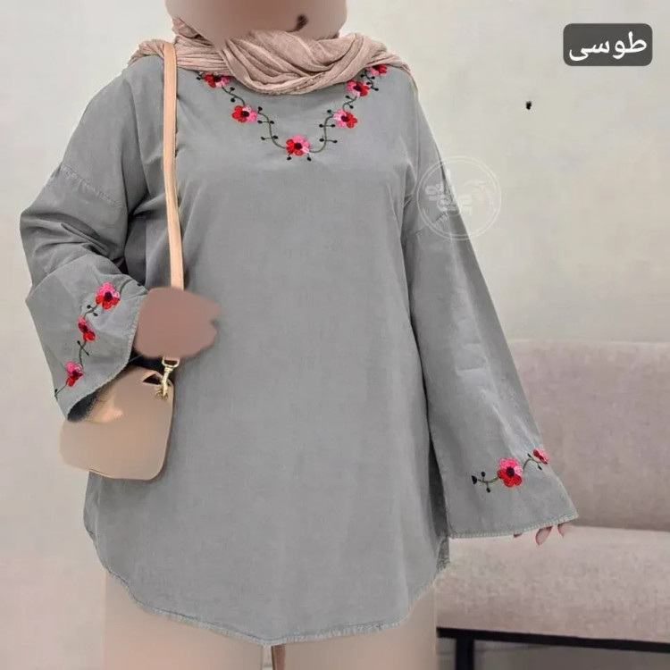 شومیز زنانه الیاف طبیعی گلدوزی شده مدل لاله قواره دار سایز بزرگ