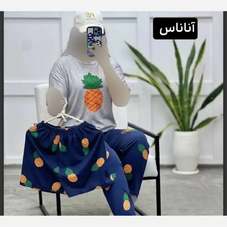ست سه تیکه راحتی زنانه نخ پنبه فری سایز طرح دار شامل تیشرت و شلوار و شلوارک