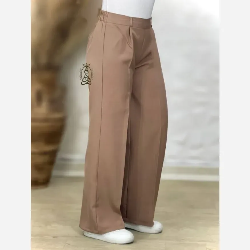 شلوار بگ زنانه پارچه مازراتی دبل درجه یک رنگ نسکافه ای و کرم تیره
