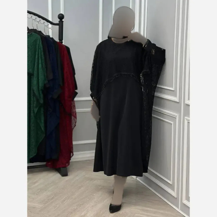 ست پیراهن و رویه زنانه مدل سرمه جنس کرپ بوگاتی و گیپور رنگ مشکی فری سایز