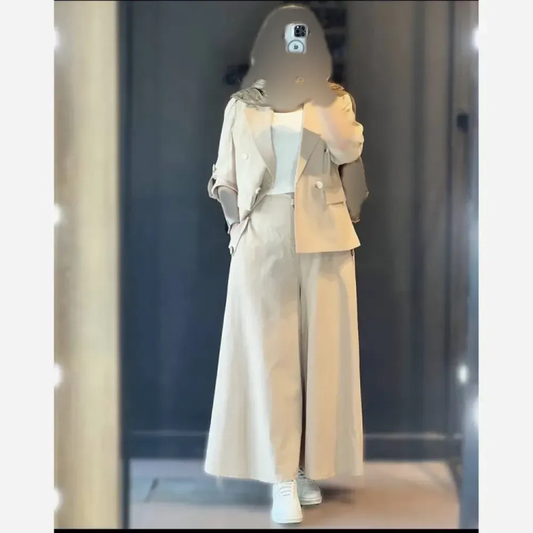 کت شلوار زنانه لنین نچرال خنک مدل سوگل با شلوار کمر کش و جیبدار
